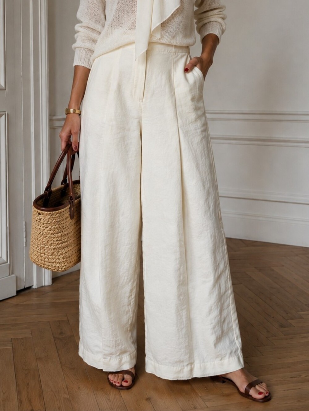 Valérie Bacquet French Artisan Minimalist Linen Wide Leg Pants in Ivory Cream